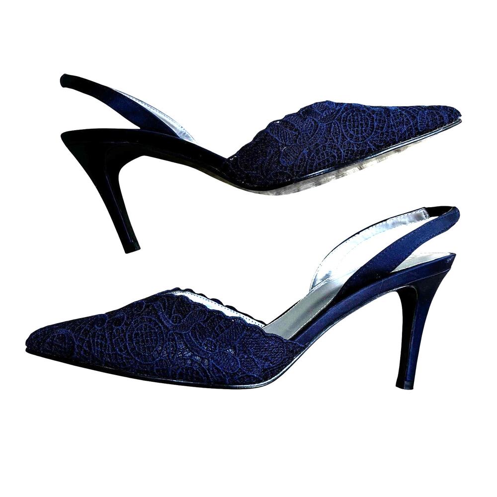 Adrianna Papell dressy slingback pumps navy blue lace pointy toe shoes US 8M